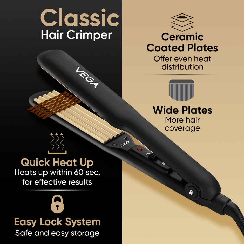 VEGA Classic Hair Crimper With Quick Heat Up & Ceramic Coated Plates, Black, (Vhcr-01)