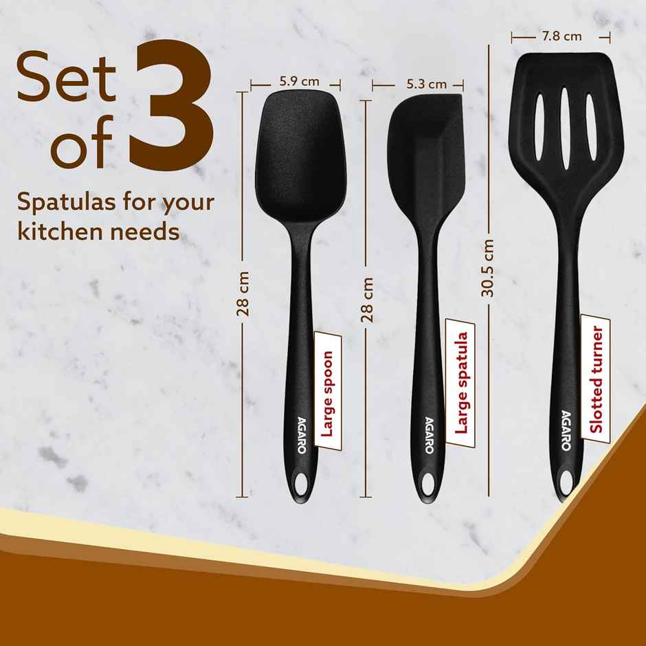 Agaro Delux Silicone Spatula Set of 3, Cooking and Mixing, for Non-Stick Cookware, Black
