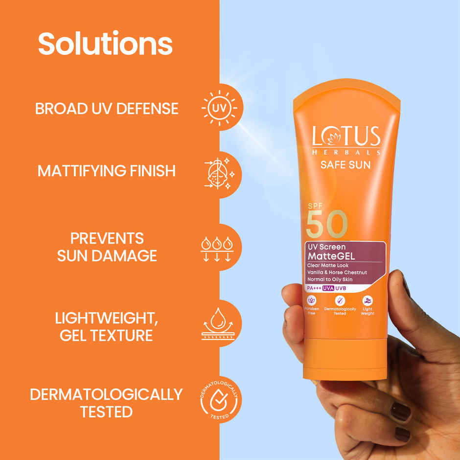 Lotus Herbals Safe Sun Uv Screen Mattegel Ultra Soothing Sunscreen PA+++ SPF 50 Matte Look Oil Control For Normal to Oily Skin