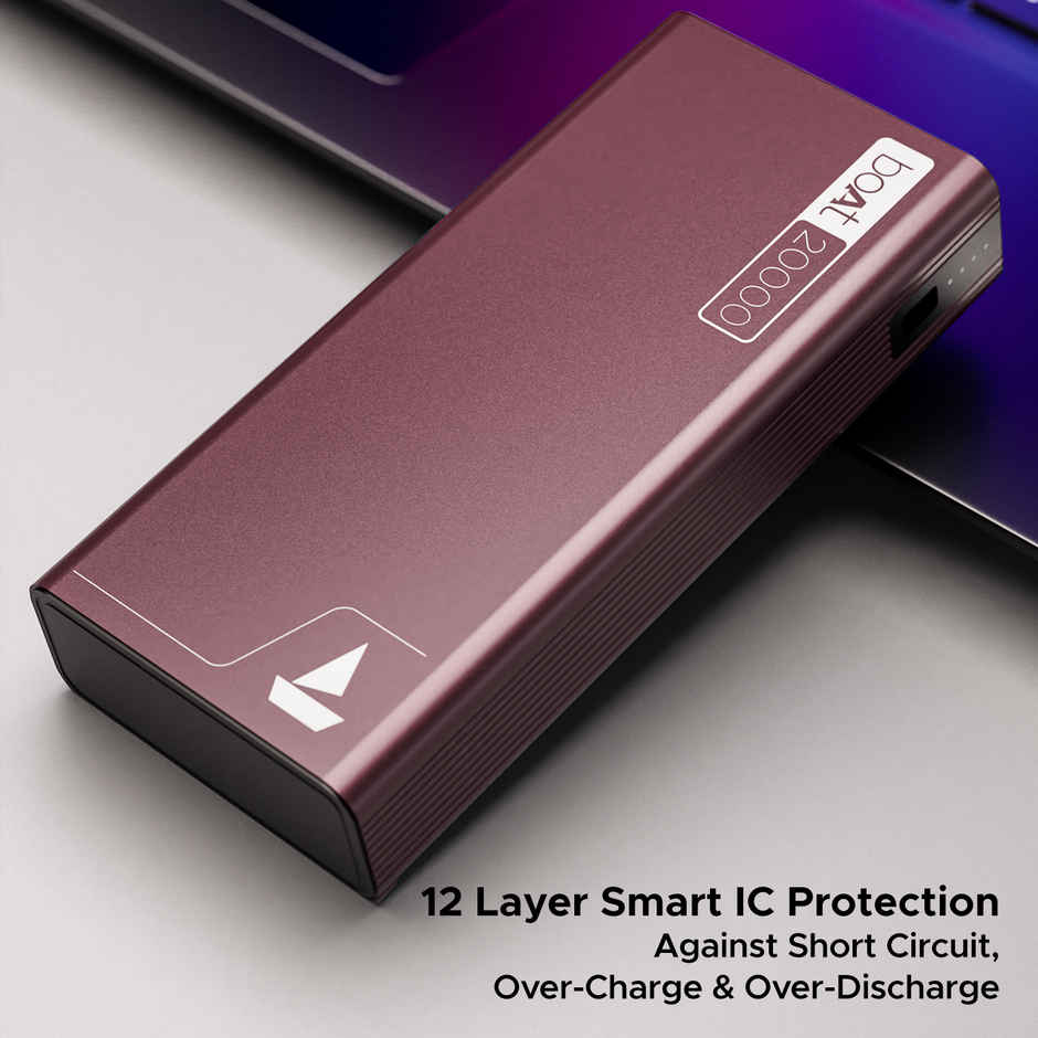 boAt (PB400) 20000 mAh Wired Power Bank w/ 2-Way 22.5W Fast Charging & Smart Power Managemen - Burgundy