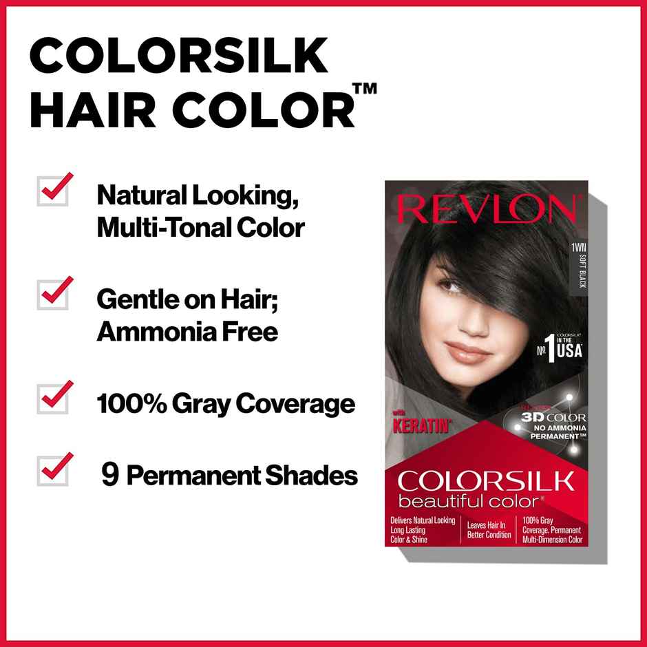 Revlon ColorSilk Hair Color with Keratin - 1WN Soft Black - (with Outrageous Shampoo 90 ml)