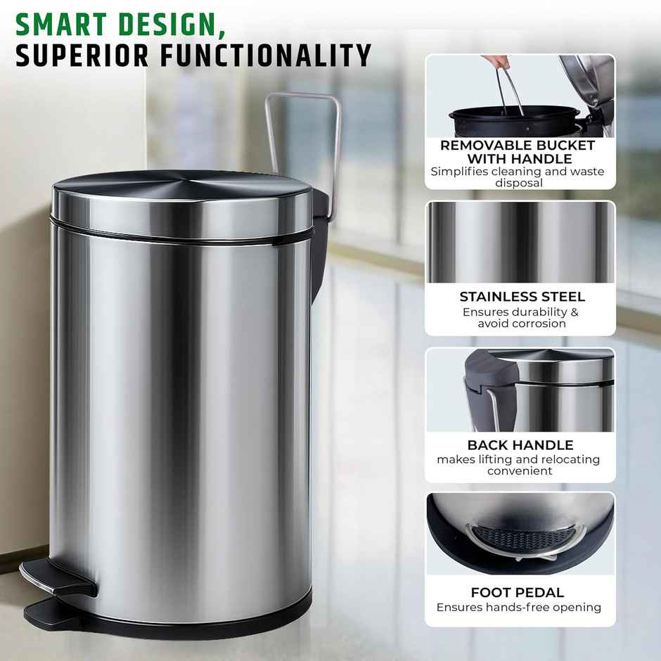 Robustt Stainless Steel Dustbin - 8 L | Silver