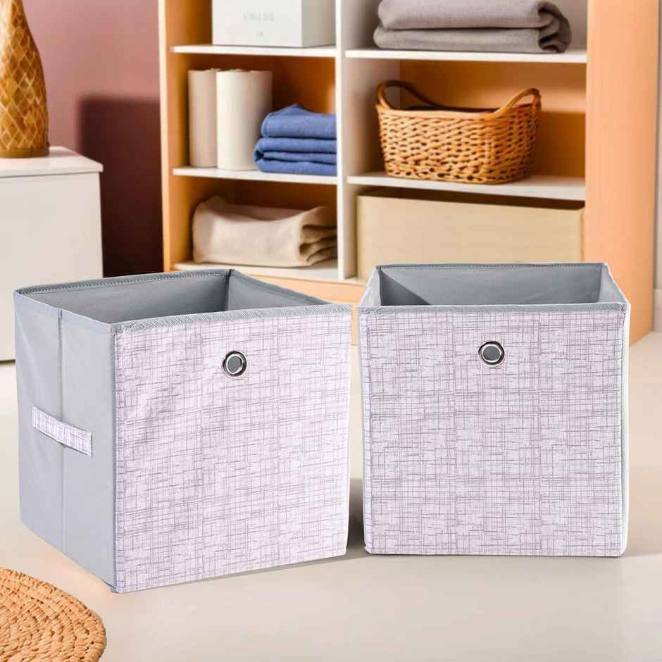 Kuber Industries Pack of 2 Non-Woven Jute Printed Foldable Square Drawer Organizer Box | Grey