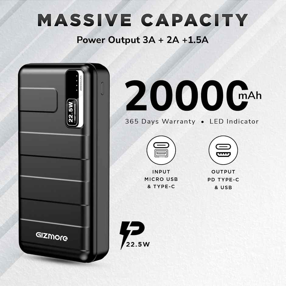 Gizmore Pd20Kp2 20000 mAh Pd Power Bank 22.5W Fast Charging With Type-C Charging Cable