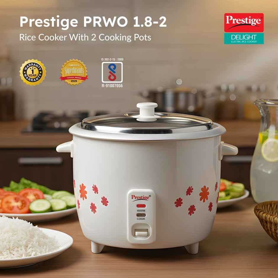Prestige 1.8L Delight Electric Rice Cooker, 700 Watts, Cool Touch Handles, 1Y Warranty, White & Grey
