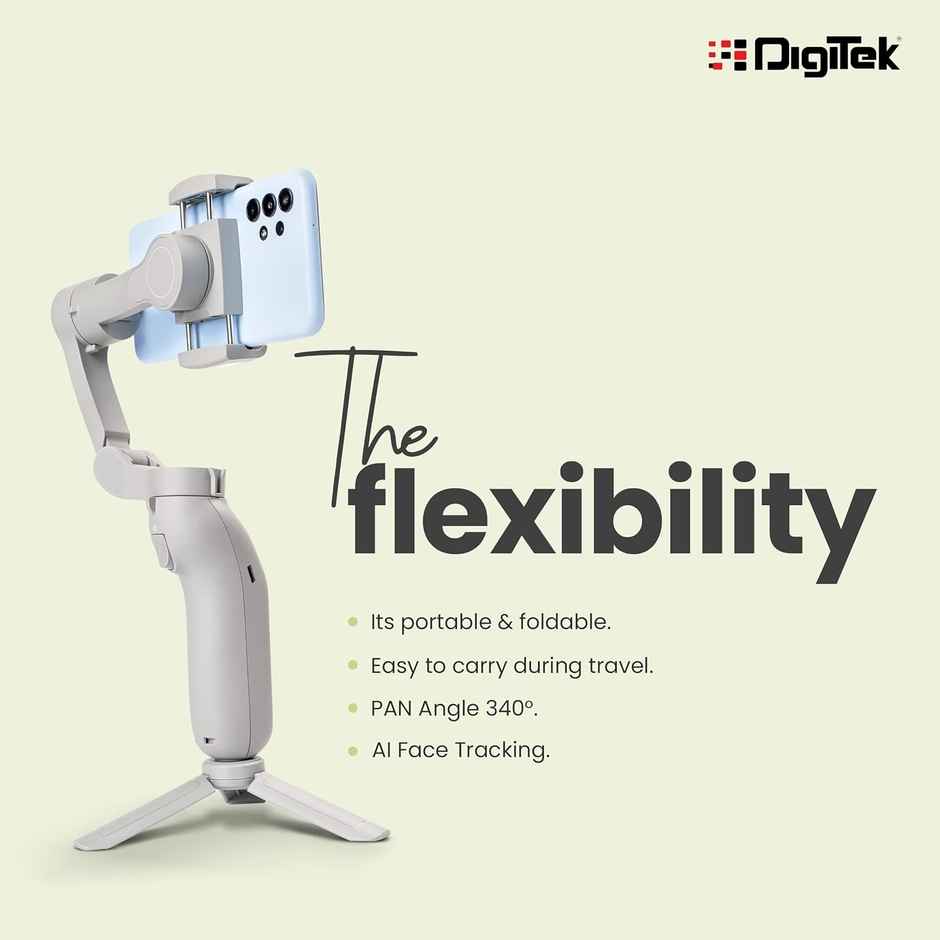 Digitek (DSG-007F) 3-Axis Gray Smartphone Gimbal - Wide Angle Handheld Vlogging Stabilizer - 4 Creative Operation Modes for Android & iOS - Seamless Videography - White