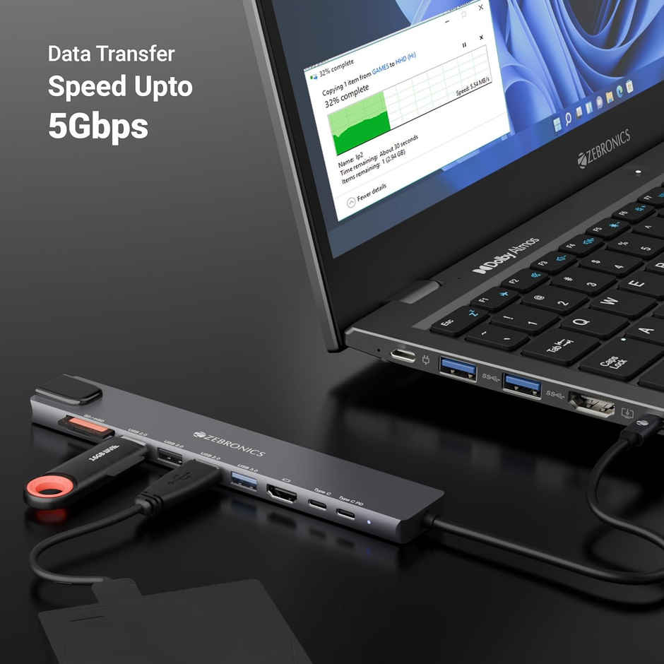 Zebronics CT81 8 in 1 USB C Hub 4K HDMI 100W PD USB 3.0 2 C 2 USB SD mSD RJ45 Metal
