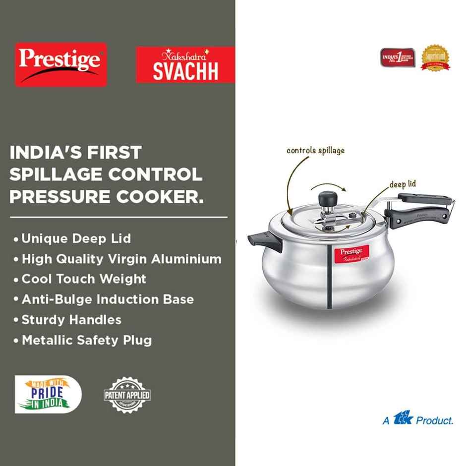 Prestige Nakshatra Plus Svachh Aluminium Pressure Cooker Handi 5Ltr,Ind Base,Spillage Control,Silver