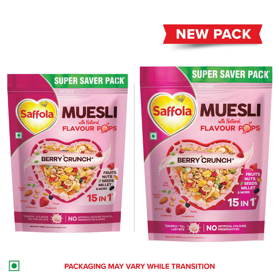 Saffola Muesli Fruit & Nut Berry Crunch with Flavour Pops | 15 In 1 Fruit And Nuts, Seeds | Millet & More