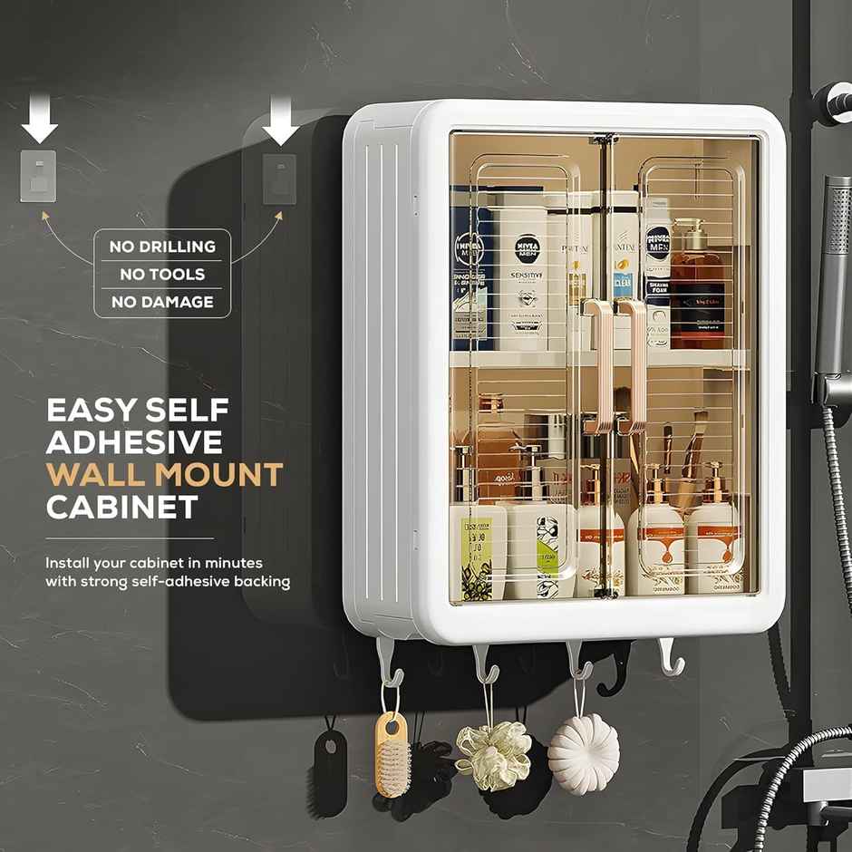 DALUCI Wall Mounted Self Adhesive Bathroom Storage Cabinet with Doors and Hooks | White