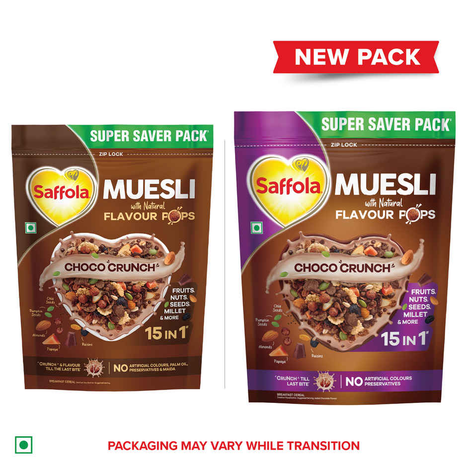 Saffola Muesli Choco Crunch with Flavour Pops | 15 in 1 Fruit and Nuts, Seeds | Millet & more