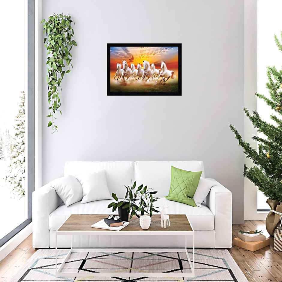 Indianara Vastu Runing Seven Horses Painting With Frame 13 in X 10 inch | 10268SBK