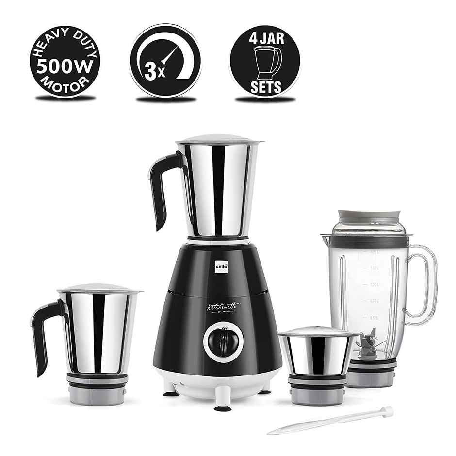 Cello Grind Master Juicer Mixer Grinder With 4 Leak Proof Jars & 1 Spatulla, 500 W, Black & Silver