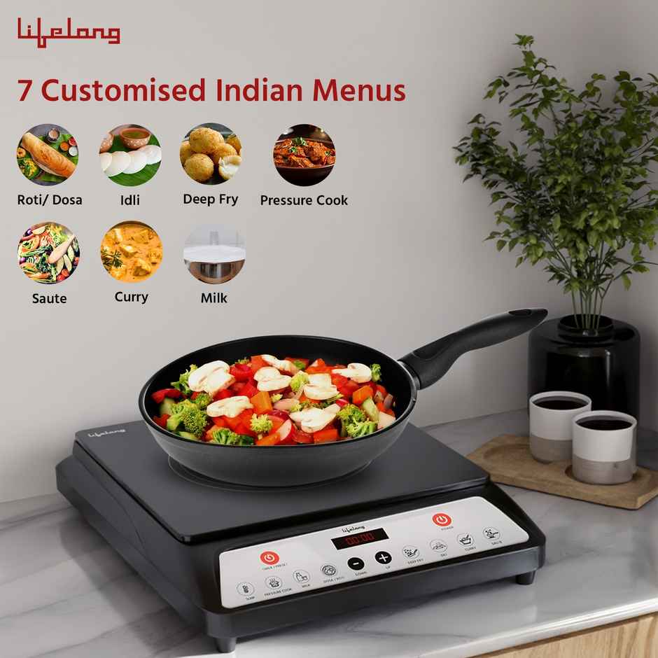 Lifelong LLIC101 1800 W Induction Cooktop With Surge Protection, 7 Preset Indian Menu Options, Auto Shut Off&Temperature Control with Voltage Protection - Black