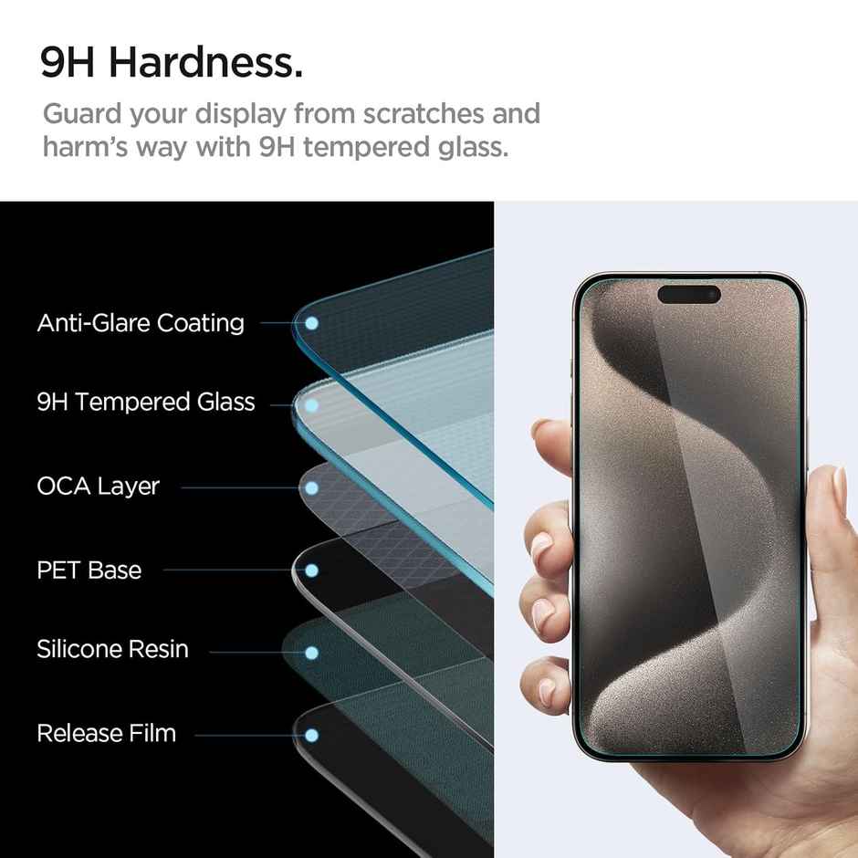 Spigen Essential Guard; Tempered Glass Screen Guard for iPhone 15 Pro [Glass 2 Pack + Camera Lens Protector 2P + Alignment Tool]