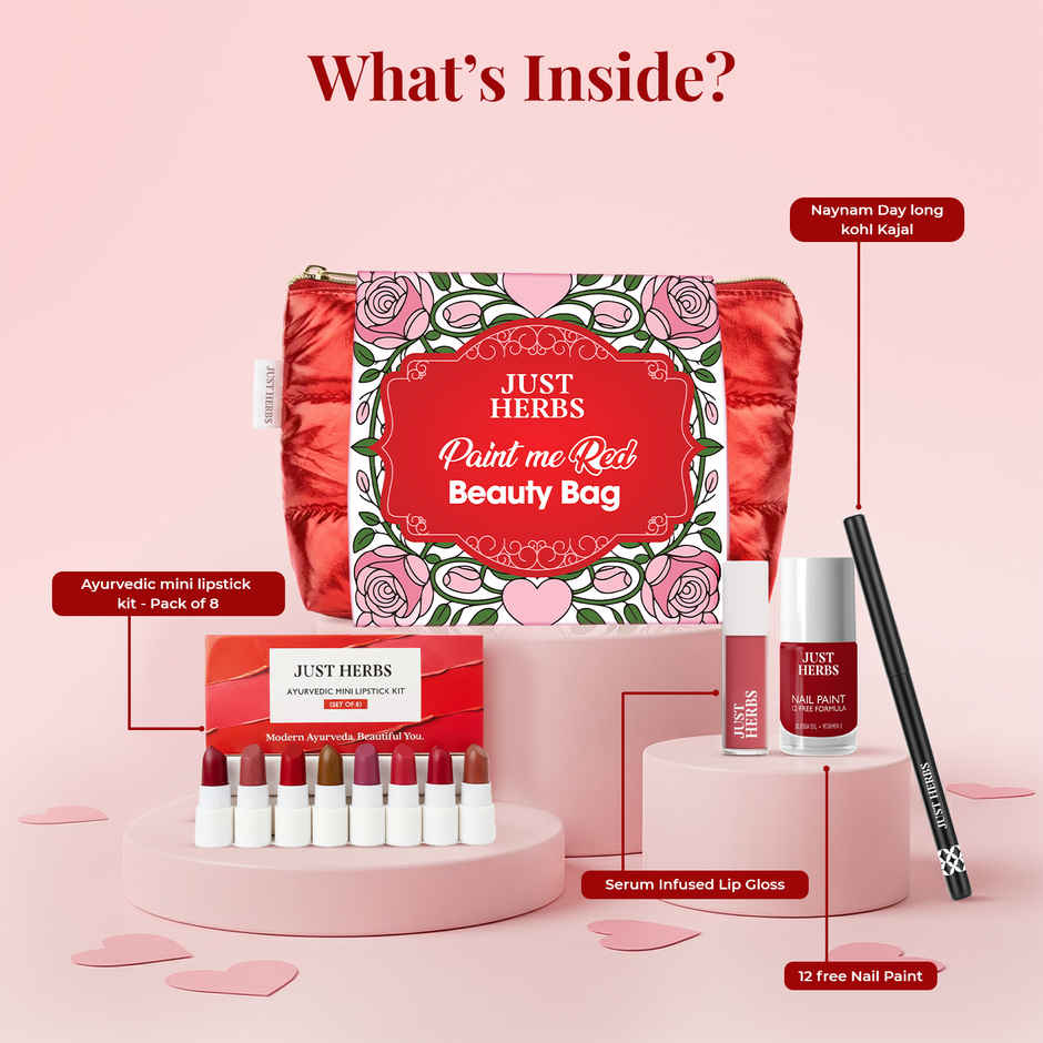 Just Herbs Paint Me Red Beauty Bag With Matte Lipstick Lip Gloss Kajal Nail Polish