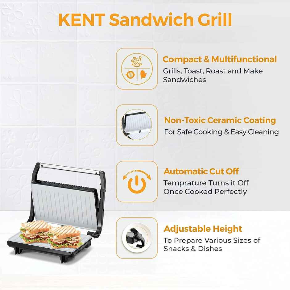 Kent 16025 Sandwich Grill 700W | Automatic Temperature Cut-Off With Led Indicator | Metallic Silver