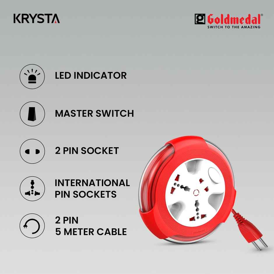 Gold Medal Krysta 2 Pin Heavy-Duty 5-Meter Cable Extension Cord|Master Switch with Indicator|Universal Sockets | Ultra-Smooth Rotation Extension Board for Home & Office