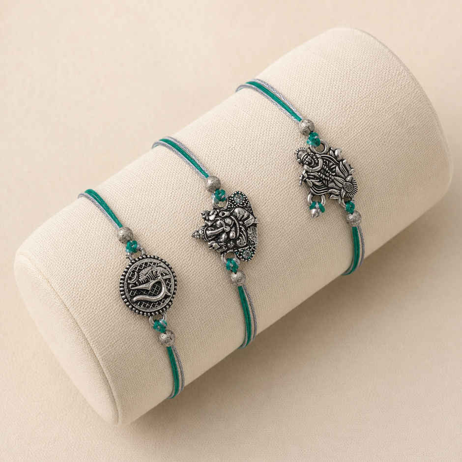 Religious Lord Shiva Trishul, Ganesha, Krishna Designer Rakhis for Brother, Bhabhi, Kids & Roli Chawal Pack (eCraftIndia) Set of 3