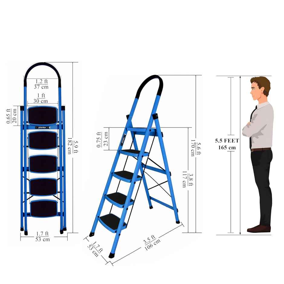 Plantex Premium Foldable 5-Step Steel Ladder for Home Use - Anti-Skid Steps, Blue and Black
