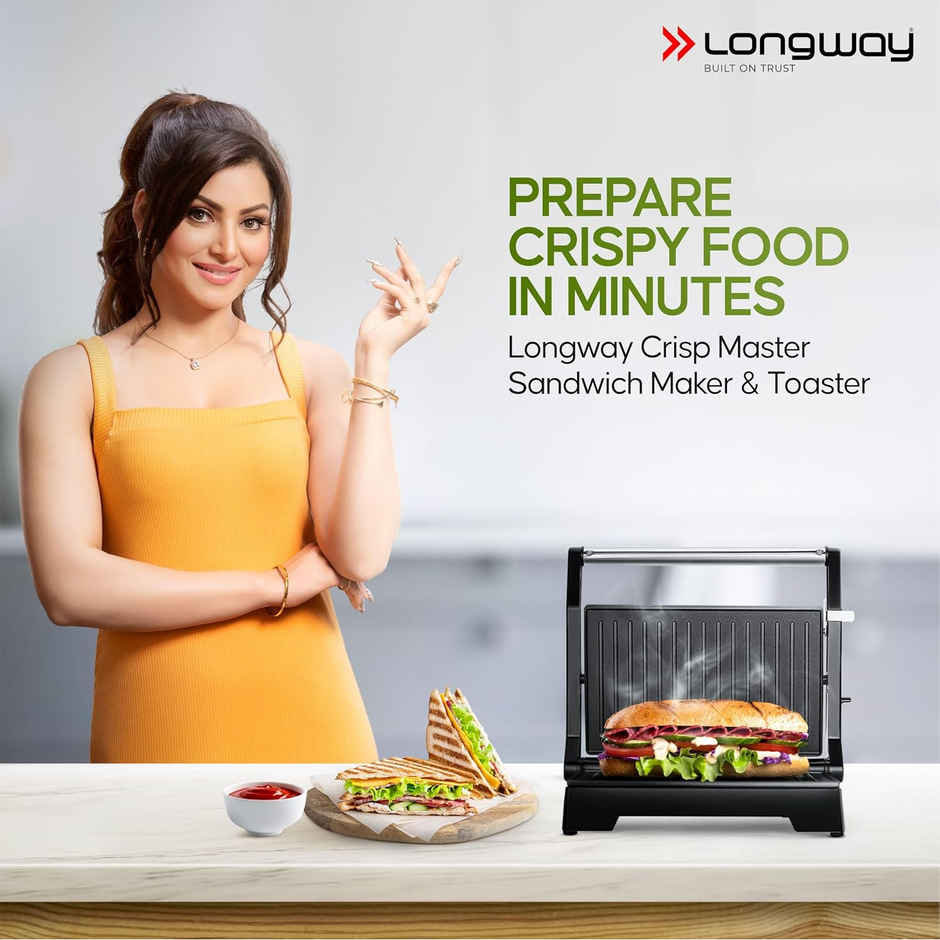 Longway Crisp Master 1000 W Electric Panini Sandwich Maker,Coating Cast Aluminum(Metallic Silver)