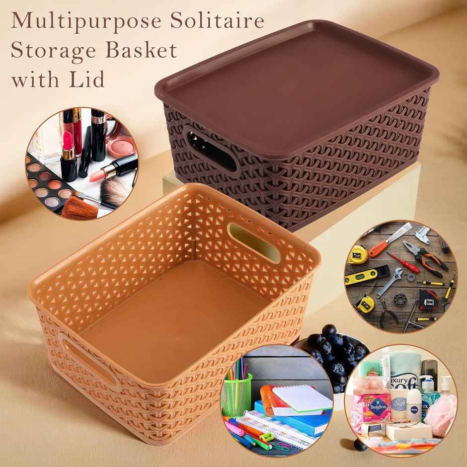 Kuber Industries Pack of 3 Plastic Multipurpose Solitaire Storage Basket with Lid|(Multi)