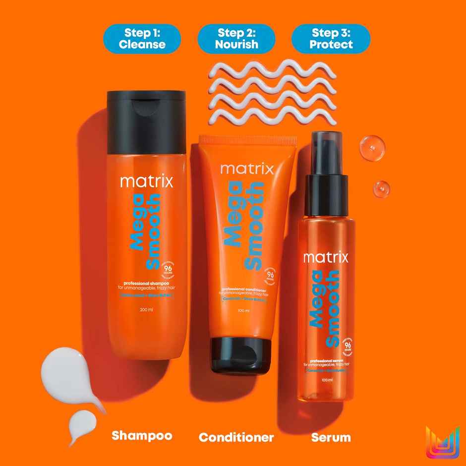 Matrix Mega Smooth Shampoo Conditioner Combo, Defy Frizz For 4 Days, For All Hair Type, Paraben-free