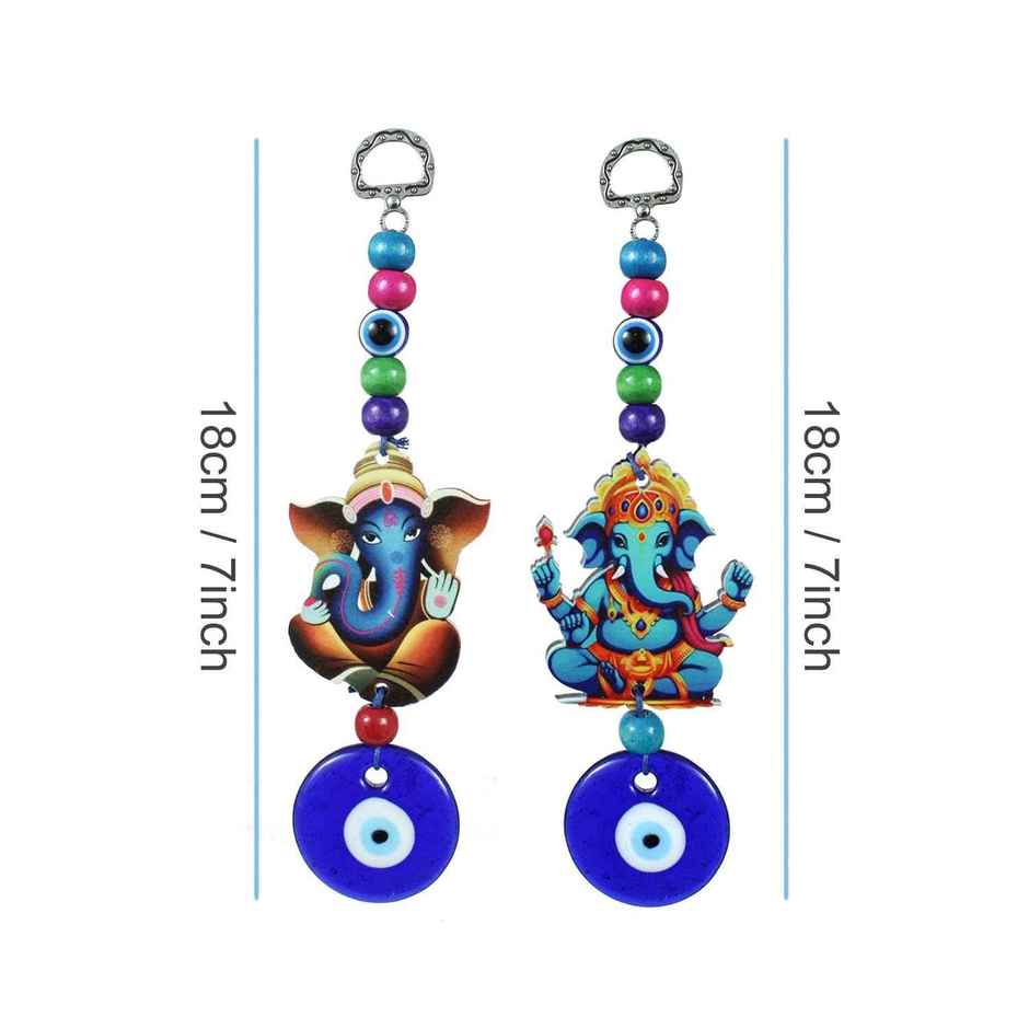 Tied Ribbons Set of 2 Feng Shui Blue Evil Eye Ganesha Pendant Ornament Amulet