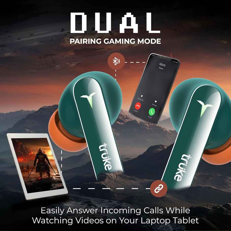 truke BTG Flex Truly Wireless Bluetooth Earbuds with Dual Pairing, 60H Battery- Alpine Green