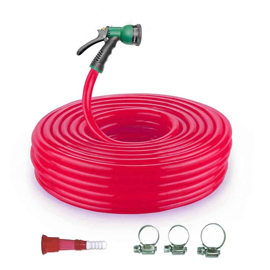 Cinagro Water Hose Pipe with Spray Gun, Tap Adapter & 3 Clamps | 5 m - Pink (Gardening, Car Washing)