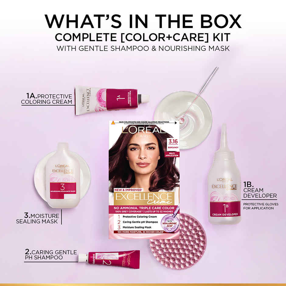 L'Oreal Paris New Excellence Creme Hair Color Mini Shade 3.16 Burgundy | 20g + 20ml + 5ml + 5g