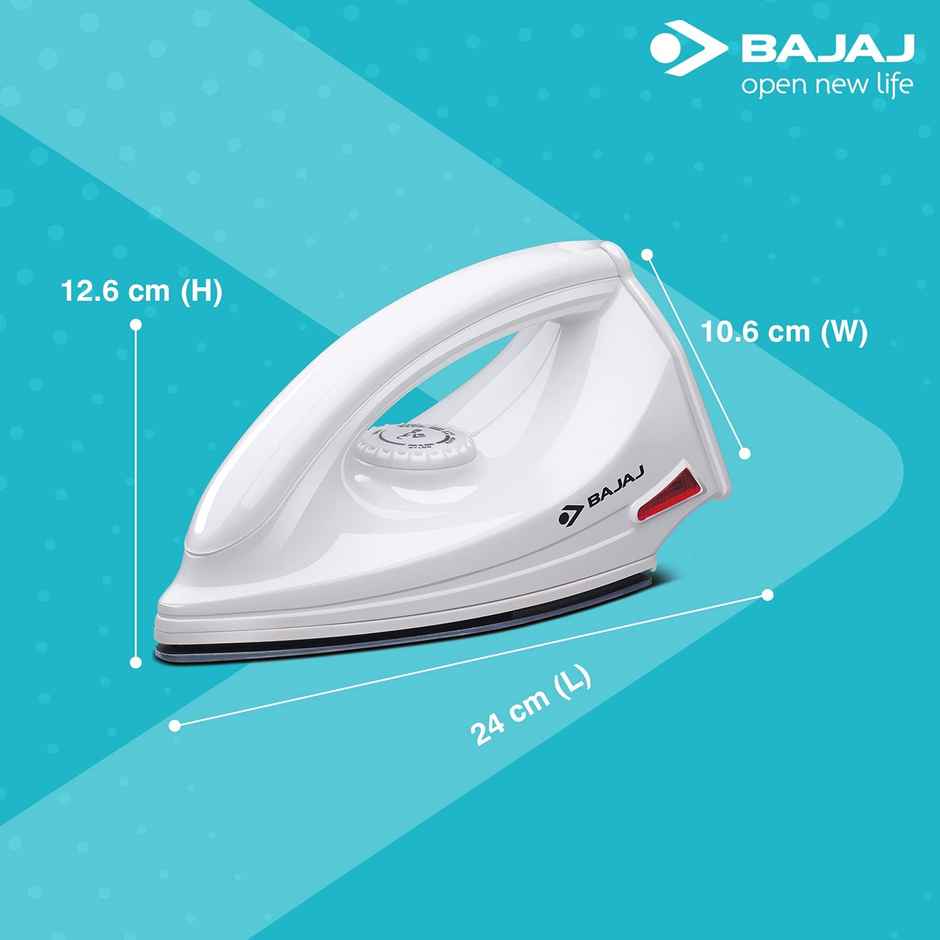 Bajaj Majesty DX-6 1000 Watts Dry Iron | Advance Soleplate And Anti-Bacterial German Coating Technology | Thermol Fuse Safety | Auto Shut-Off | Cool Touch Body - White