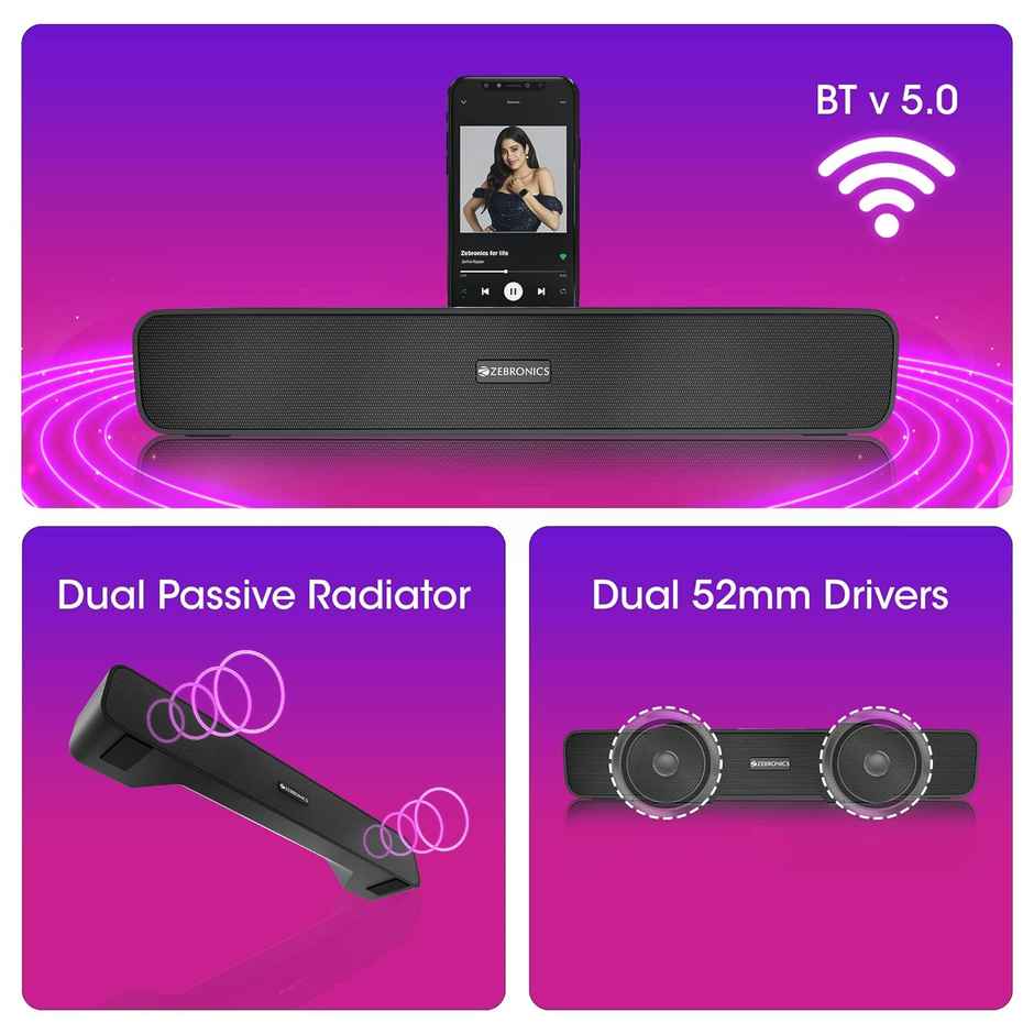 ZEBRONICS Zeb-Astra 20 Wireless BT v5.0 Portable Bluetooth Speaker with 10W RMS Output, TWS, 10H Backup Approx, Built in Rechargeable Battery FM Radio, AUX, mSD, USB, Call Function and Dual 52mm Drivers Multi - Black