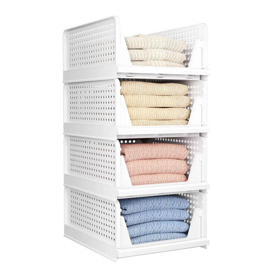 Senego Folding Wardrobe Clothes Organizer - Pack of 4, Stackable (White)
