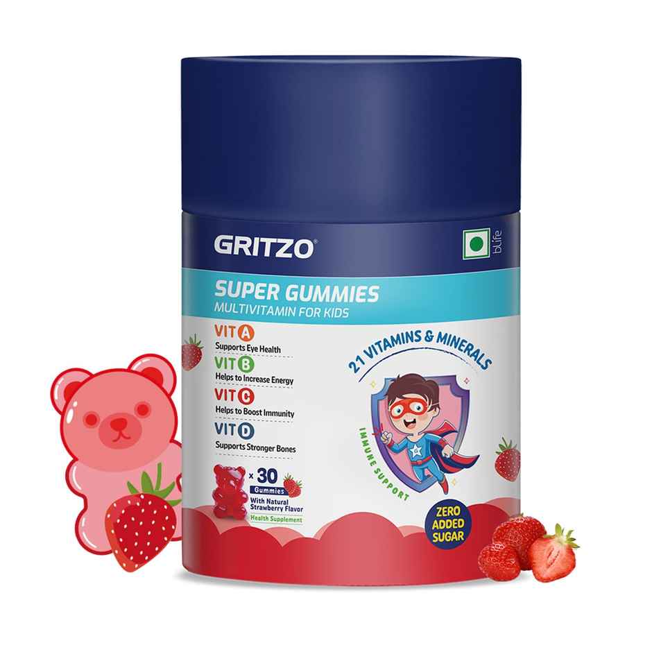 Gritzo Super Gummies, Multivitamin For Kids (Natural Strawberry Flavour, 30 Gummies)