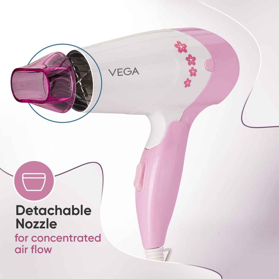 Vega Insta Glam Foldable 1000 Watts Hair Dryer with 2 Heat/Speed Settings, VHDH-20, (Made in India)