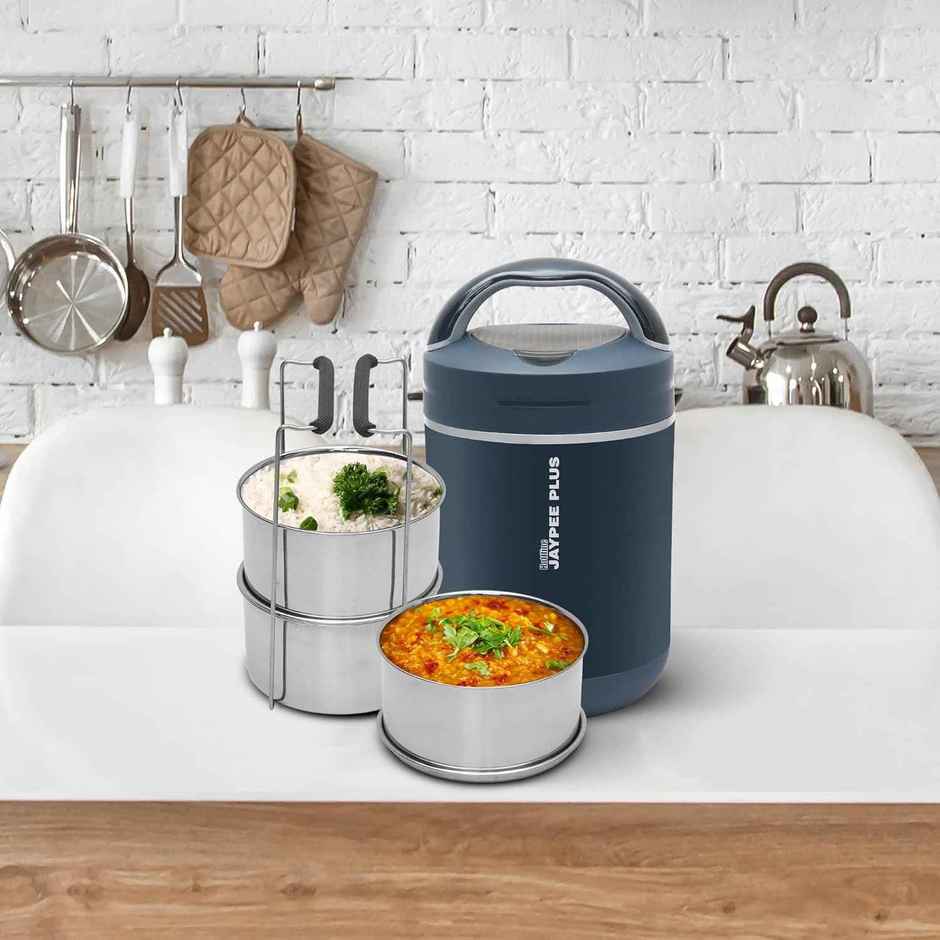 Jaypee Plus Hott Line Electric Lunch Box, 3 Stainless Steel Container, Dark Blue