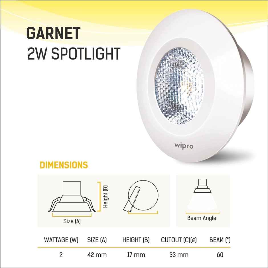 Wipro Garnet 2W Led Spotlight | Warm White | 2700K | Cutout - 33mm