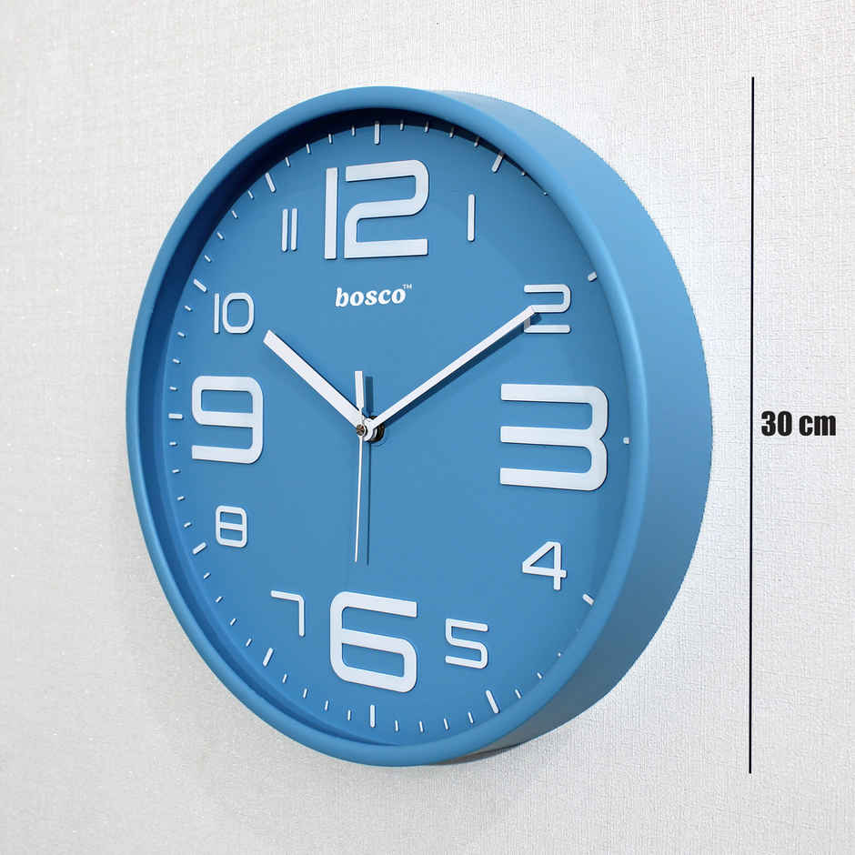 Bosco Modern Silent Pastel Blue Dial Embossed Bold Numbers 30 CM Wall Clock BWC 2117