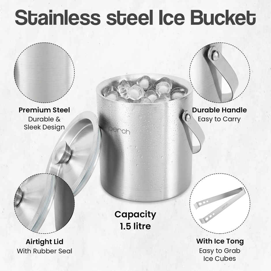 Perch Ice Bucket | Double Wall Steel with Lid Tongs | 1.5 L | Silver