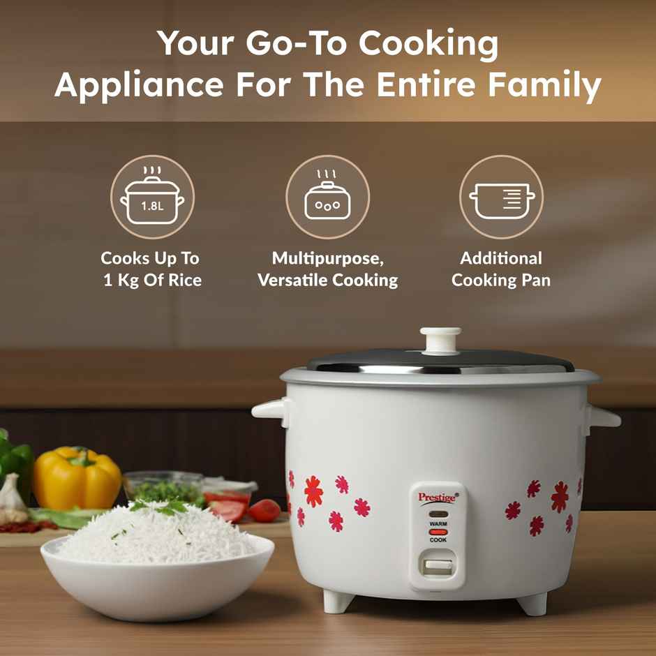 Prestige 1.8L Delight Electric Rice Cooker, 700 Watts, Cool Touch Handles, 1Y Warranty, White & Grey