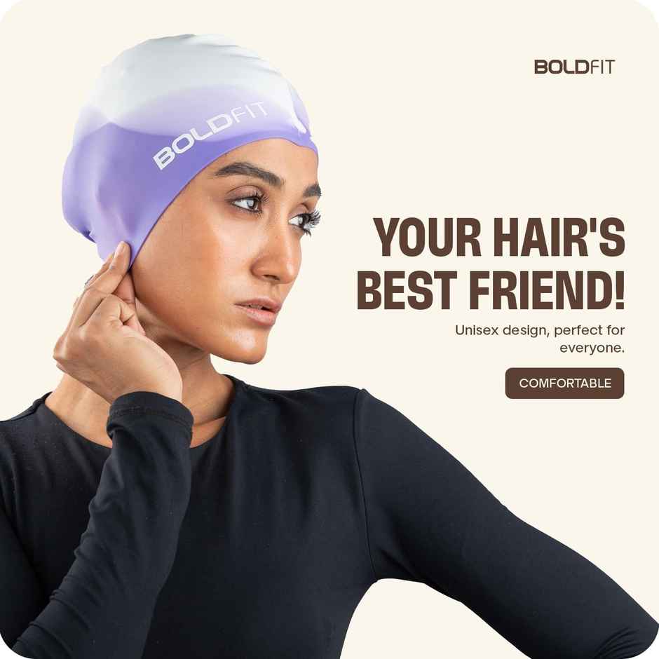 Boldfit Silicone Swimming Cap for Unisex Cap for Kids & Adults Easy Fit - White, Purple