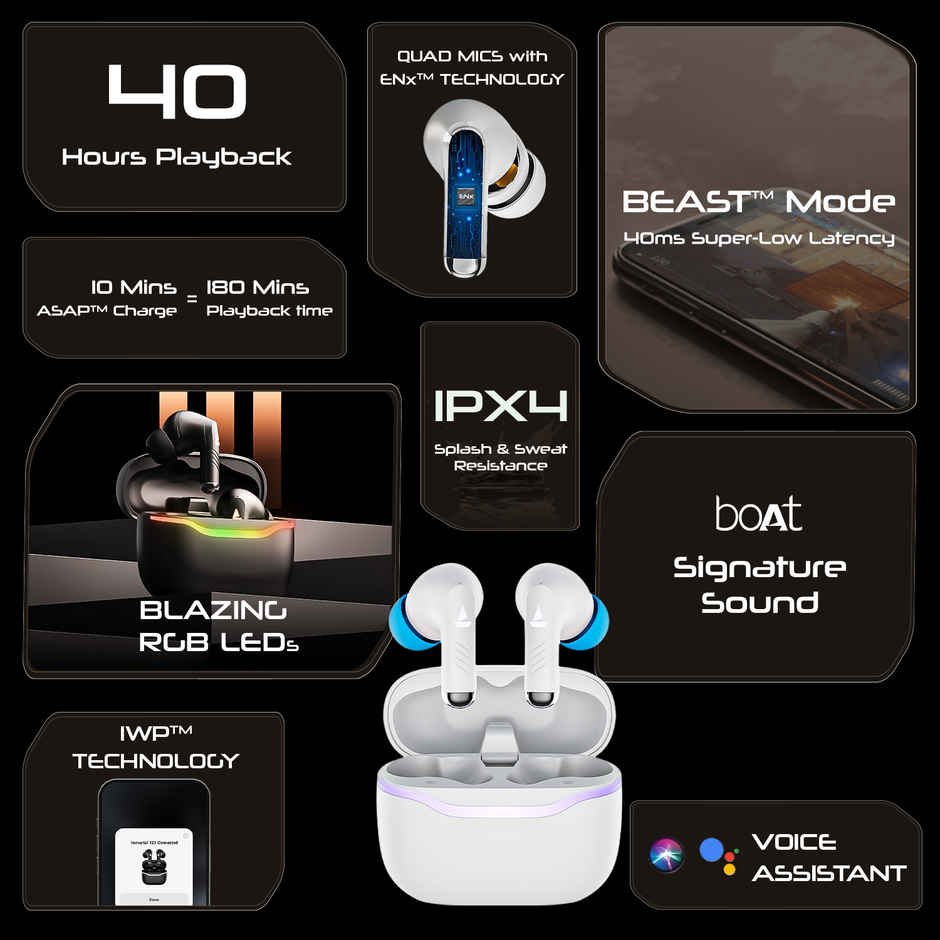 boAt Immortal 125 TWS Earbuds for Gaming w/ 40H Playtime, BEAST Mode & RGB LEDs | White Sabre