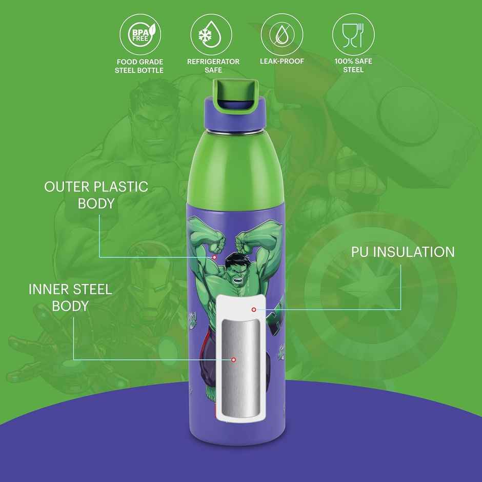 CELLO Kidzbee Uranus 600 Hulk Smash Water Bottle 540ml, Purple | Leakproof Flip Cap Bottle
