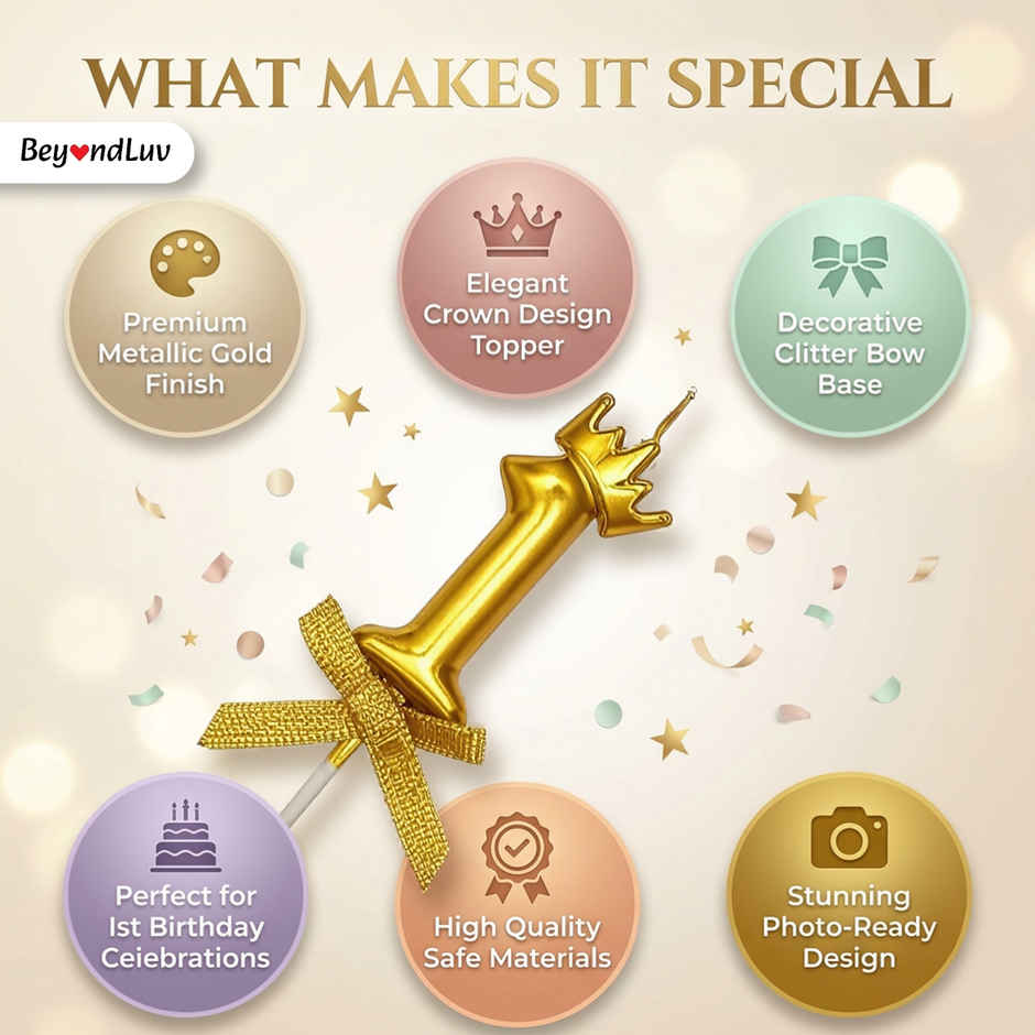 BeyondLuv Candles for Kids Birthday Party 1 Golden Number Candle With Crown