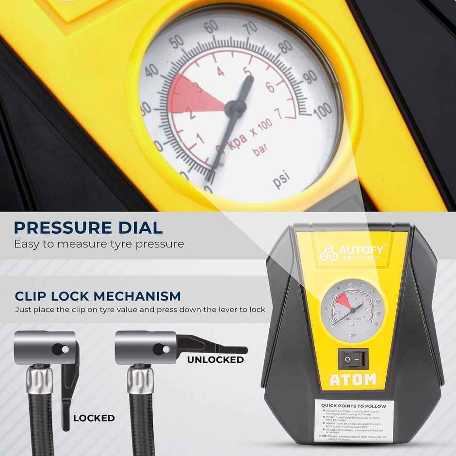 Autofy Atom Car Tyre Inflator 100Psi Portable Air Compressor Pump | 12V Dc