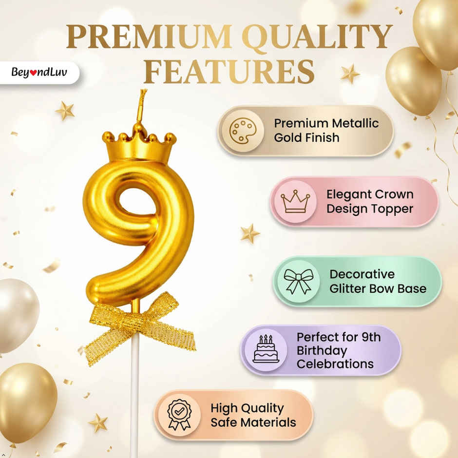 BeyondLuv Candles for Kids Birthday Party 9 Golden Number Candle With Crown