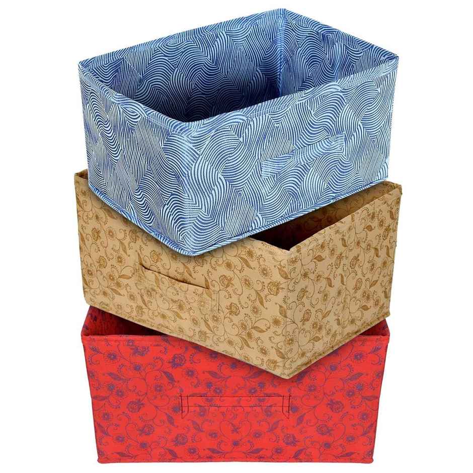 Kuber Industries Set of 3 Laheriya Metallic Non Woven Closet Organizer Box (Blue & Red & Beige)