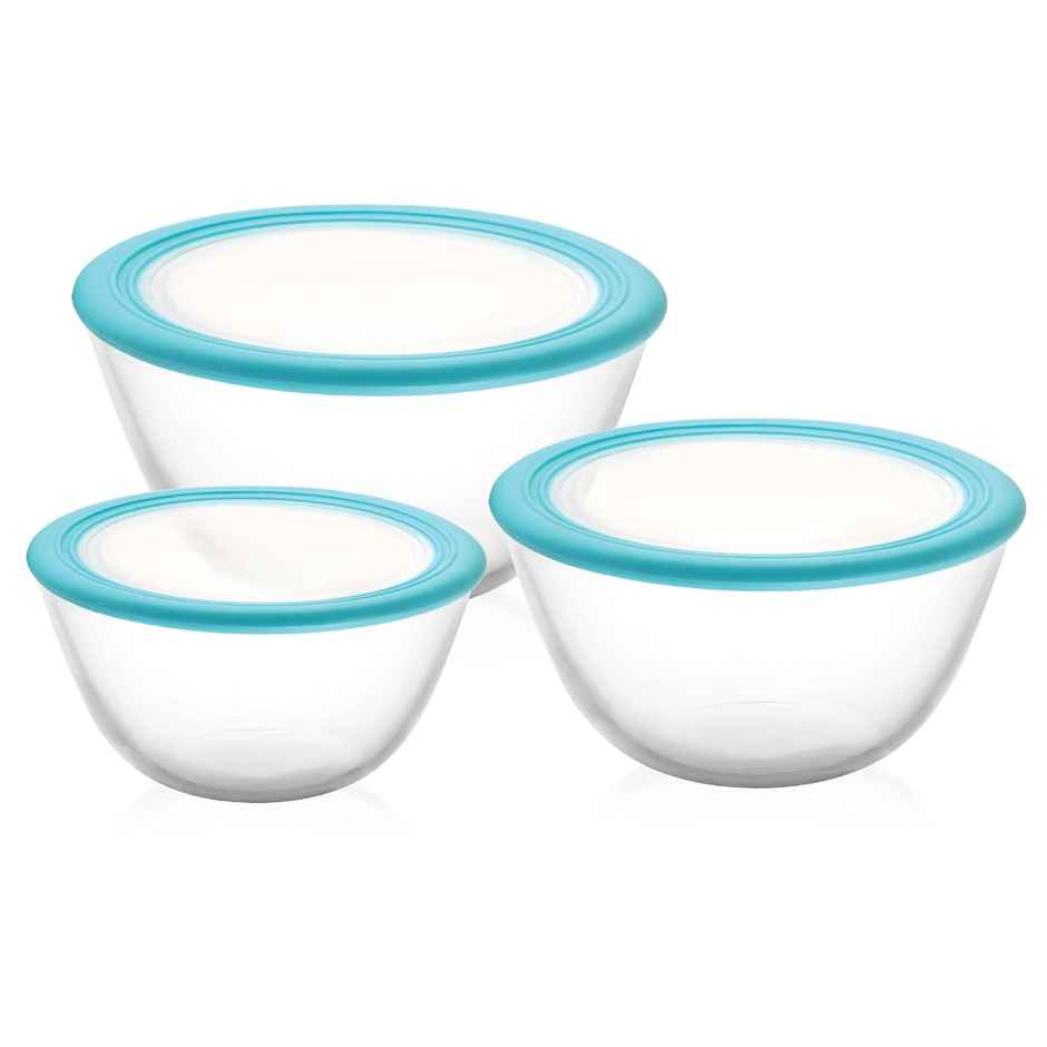 Cello Ornella Toughened Glass Mixing Bowl With Premium Lid Microwave Safe & Dishwasher Set Of 3