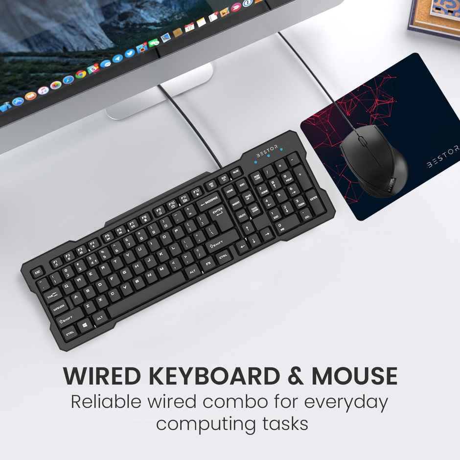 Bestor Set of 5 Combos of USB Wired Keyboard, Wired Mouse, Mouse Pad Base Waterproof, Type A to Type C Converter & 4 Port USB HUB for PC, Laptop, Computer